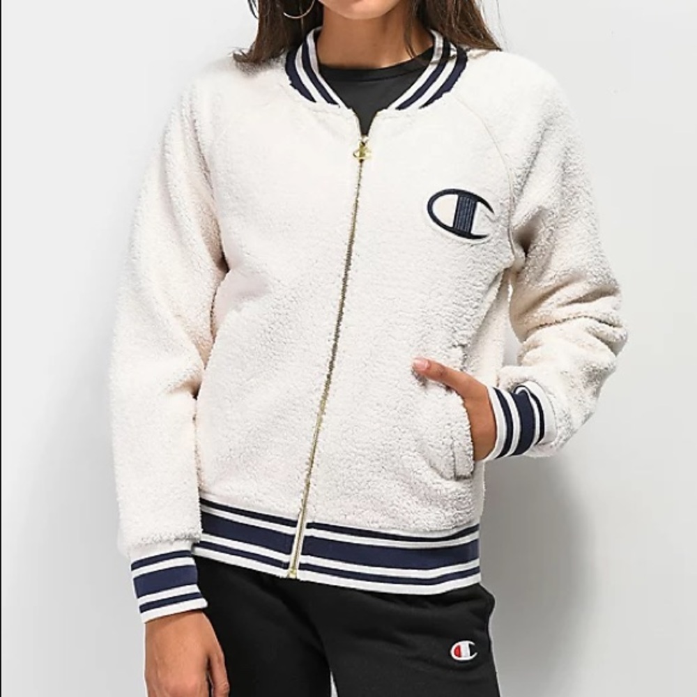 Champion cream Sherpa varsity bomber sporty jacket with logo